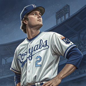 Mark Gubicza, retired baseball player, posing in his Kansas City Royals jersey. Dark blurred stadium background.