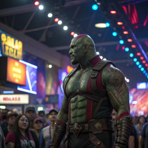 Drax the Destroyer costume-wearing individual in a bustling comic con venue. Vibrant lights and enthusiastic fans surround him.