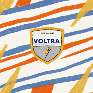 A vibrant sports jersey design featuring the Sri Pahang logo and Voltra brand. Black and white with yellow accents. Shield-shaped emblem and stylized lightning bolt design. Arabic script included.