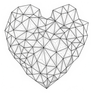Uncolored line art illustration of a heart filled with intricate tessellations, featuring repetitive geometric shapes like hexagons and triangles, drawn with fine black pen lines. The background shows detailed line art of swirling vines and leaves. The black color is used minimally, only for thin lines, on a white background.
