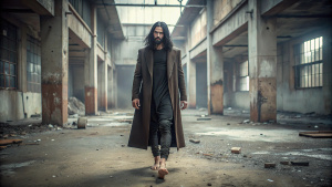 Remove footwear, leave bare feet covered in dust and change pose to standing still