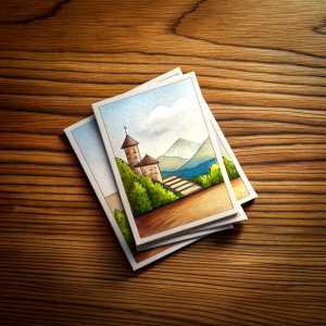 Advertising leaflets lying on a wooden table
