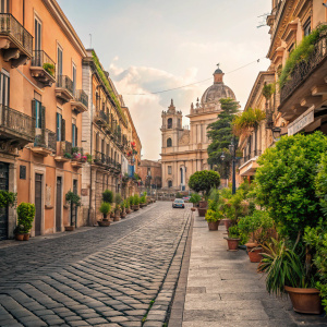 Streets of Catania, Sicily. Paved with aged cobblestones, lined with pastel-colored buildings and lush greenery. Captivating scene of a historic Italian city