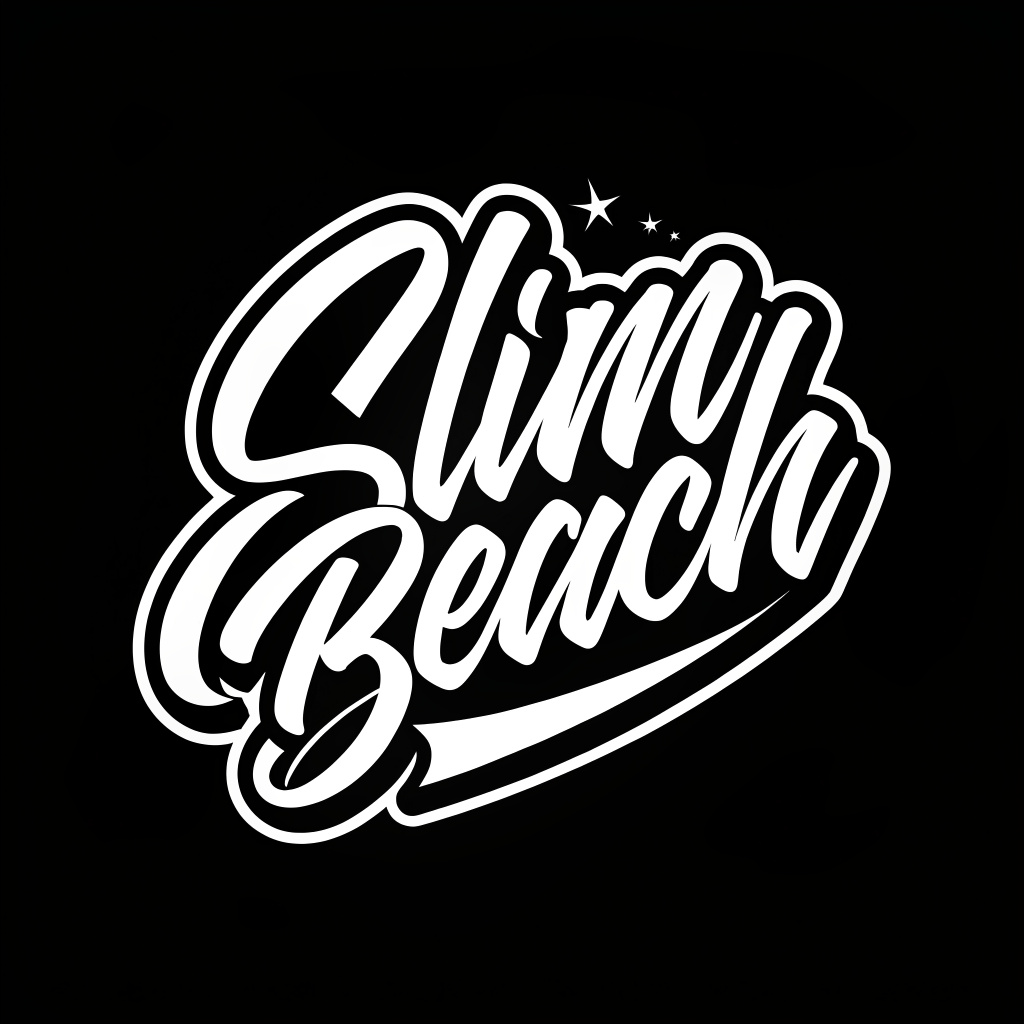 a graffiti-style font logo or a cartoon "Slim beach club" course of proper nutrition and weight loss is a bright logo . black and white minimalistic vector of the brand logo with elegant simple lines