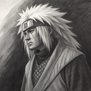 Jiraiya from Naruto depicted in a charcoal drawing. His iconic spiky hair and robes are intricately detailed. Dark, textured background