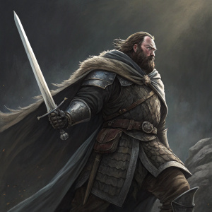 Digital artwork featuring The Mountain, Gregor Clegane. He wields a sword and dons armor with a cloak. Muted black background