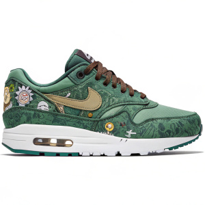 High-resolution image of a Nike Air Max. The sneaker features a green upper with a detailed pattern that seamlessly integrates Rick and Morty characters on the side. It has a white sole with textured detailing.