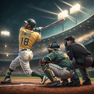 Khris Davis, wearing number 18 jersey, swings the bat at baseball game. Intense focus from umpire and catcher. Stadium lights illuminate the scene.