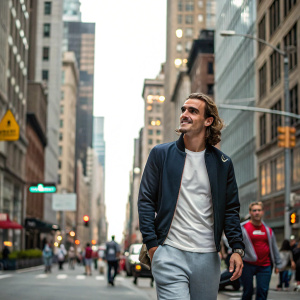 Antoine Griezmann, in a casual outfit, walking down a bustling city street.