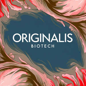 Originalis Biotech branding design. Bold logo against a vibrant abstract background featuring organic shapes and swirls in shades of blue and green.