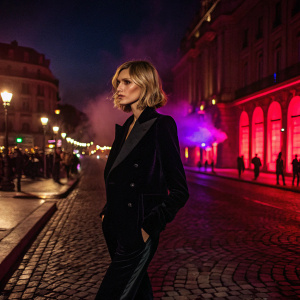 Anja Rubik, with a chic bob haircut and a luxurious black velvet blazer, confidently stands on a cobblestone street at night. Dramatic red and purple lighting illuminates the scene, with ornate buildings and bustling crowds in the background.