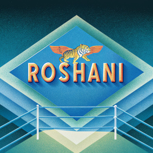 Logo design for Thai boxing gym. Roshani in bold, gold script. Emblem features a winged tiger. Dark, sleek black background.