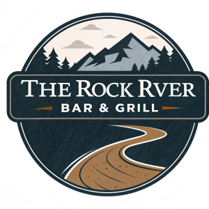The Rock River Bar & Grill logo features a sleek, modern design with a flowing brown line that resembles a river. The logo is accompanied by earthy tones of brown, black, and gray.