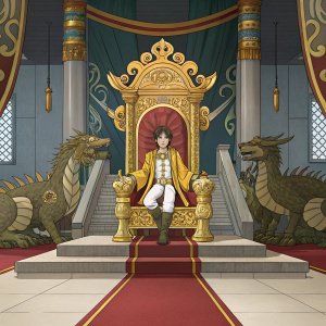 Yang Lin, from Suikoden, depicted in a modern anime style. Sitting gracefully in a luxurious throne room adorned with gold and silk. Surrounded by mythical creatures and ancient artifacts.