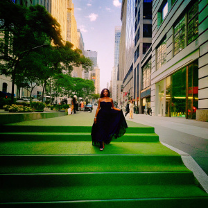 Marsai Martin in an elegant black dress, walking through a bustling New York City street during a sunny afternoon.