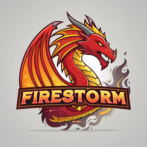 Digital art of Firestorm logo. Fiery dragon emblem, predominantly red with orange and yellow accents. Bold, graphic style text below. Neutral grey background. Precise execution