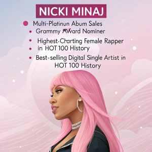Nicki Minaj, vibrant pink hair, standing against a soft pastel pink gradient background. Bullet points highlighting her achievements:
- Multi-platinum album sales
- Grammy Award nominee
- Highest-charting female rapper in Hot 100 history
- Best-selling digital single artist in Hot 100 history