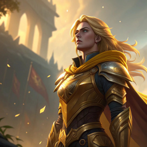 In-game screenshot of a League of Legends champion. Determined blonde character in vibrant golden hues, dynamic backdrop.