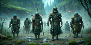 MEDIEVAL BRIGANDS ARE WALKING IN FULL HEIGHT THROUGH A GLOOMY FOREST,  SIDE VIEW, SIDE THE VIEWER IS POORLY LIT, THEY ARE DRESSED DIFFERENTLY IN TORN AND DIRTY LEATHER CLOTHES,
 SWORDS, SPEARS,helmet, HALBERDS IN THEIR HANDS, SWORDS IN SCABBARDS ON THEIR BELTS, SIDE VIEW,  MEN ARE WALKING FROM LEFT TO RIGHT, ONE AFTER ANOTHER, PAST THE CAMERA, DIFFERENT HEIGHT, DIRTY FACES.
HORROR FILM ATMOSPHERE,GREEN GAMMA, DINAMIC VIEW, DARK , SIDE VIEW, FULL SHOT