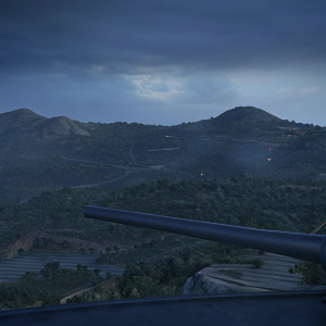Digital concept art for Sniper Elite 4 showcasing a sprawling, detailed landscape. Mountainous terrain with lush, verdant flora and intricate man-made structures. A large, sleek gun barrel protrudes from a futuristic structure. Rich, varied color palette with realistic textures, shadows, and lighting effects.