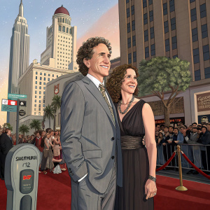 John Shea and Laura Pettibone attending the premiere of 'A League of Their Own' in Beverly Hills. John, wearing a gray suit with curly hair, and Laura, in a dark dress, stand in front of a crowded cityscape with tall buildings and a visible parking meter.