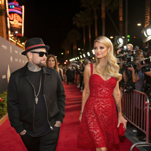 Benji Madden and Paris Hilton walking the carpet. Festive atmosphere, paparazzi flashlights, vibrant background