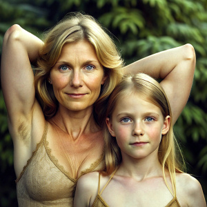 extremely realistic natural visualisation of, blonde hairy mother and daughter, (showing their extremely detailed armpits:1.3), (focused hairy armpits:1.7), (focus on naturalistic long overgrown armpit hair:1.3), natural eyes, extremely detailed and natural skin texture, extremely detailed feminine face, natural lighting, cozy background interior, serious facial expression, high quality, 8k, reality, masterpiece