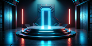 Futuristic dark podium with light and reflection background