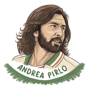 Caricature of Andrea Pirlo, featuring his distinctive long brown hair and beard. Sketch incorporates shades of brown, beige, and green. Name Andrea Pirlo is inscribed in a playful font.