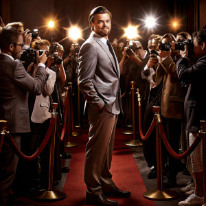 Photograph: Leonardo DiCaprio in a gray suit at the premiere. Crowded red carpet, filled with fans and photographers.