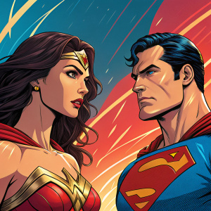 A vivid comic panel showcasing Wonder Woman and Superman. The scene is filled with vibrant hues of red, blue, and gold. Their faces are dramatically lit, emphasizing their intense expressions.