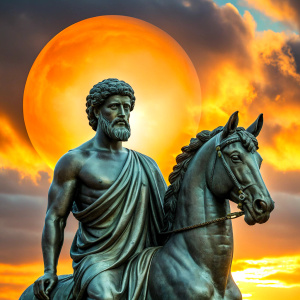 create me an ebook cover on Stoicism, for quotations, balck a greek style marble statue of Marcus Aurelius, twilight, eclipse, rushing fire, stoicism,Full-body