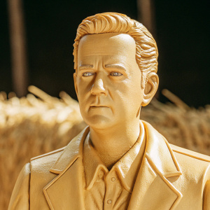 Digital 3D render of Tom Hanks' face. Realistic details, dark background