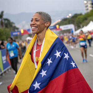 Yulimar Rojas, the victorious Venezuelan athlete, proudly wearing her nation's flag. Smiling widely in the post-race celebration area.