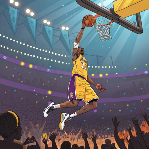 Kobe Bryant, depicted in an animated scene. Playing basketball, slam dunk pose. Background: vibrant, colorful arena