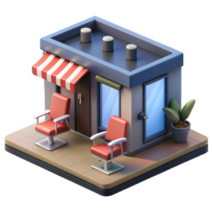 un centro DE BARBERSHOP 3d, isométrico, con una DONDE HAY SILLAS PARA CORTE DE CABELLO, con elementos de tijeras, sprite cara cabello, esta en un fondo blanco