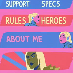 Twitch banner designs inspired by Valorant. Dark background, stylized graphics of Valorant characters, bold colors, dynamic imagery, 'Support,' 'Specs,' 'Rules,' 'Heroes,' 'About Me,' and a welcoming message.