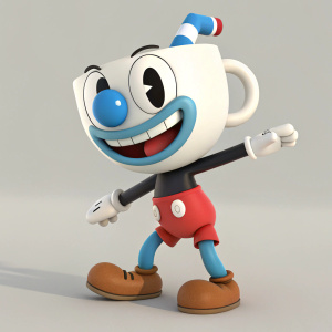 3D rendering of Mugman, a character from Cuphead, with a wide grin and playful stance. Set against a plain background, the image highlights Mugman's blue bulbous nose and detailed anthropomorphic design.