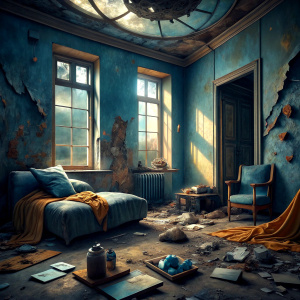 A dilapidated room with no windows, where abandoned homeless people live. 2 beds on the floor, a blanket with flowers on one of them. Everywhere is messy and dirty. The dark blue wall plaster is spilled, the brown wallpaper is peeling off on the wall on the right. A large old fan hangs from the ceiling. An old tattered orange armchair in the middle of the room. An old green suitcase and shoes next to the window. and a broken floor lamp. Water is dripping from the ceiling and a bucket has been pl