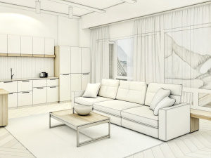 a sketch of a beautiful modern living room in pencil, (((artists impression, artistic impression, higher detailed illustration, an illustration, detailed illustration, artist's impression))), a kitchen cabinet behind the white sofa, with minimal pictures on the wall, linen curtain next to the classroom window, coffee table, modern wood, ceiling with magnetic emissive lighting