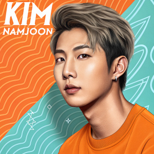 Digital art of Kim Namjoon. Short hair, intense gaze, vibrant abstract backdrop of orange and teal hues, modern graphic text overlays, dynamic and engaging visual