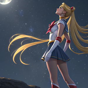 Digital illustration of Sailor Moon, 3D render. Long blonde hair flowing. Wearing a futuristic costume. Dark, starry night background.