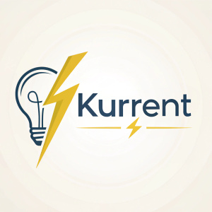 Logo design for a marketing agency, Kurrent. The logo features a sleek lightning bolt, symbolizing innovation and energy. The word 'Kurrent' is in a contemporary font. The color scheme combines a light beige with a vibrant yellow. The logo is designed to convey creativity and modernity.