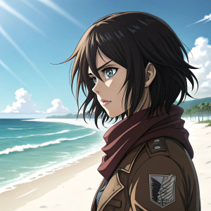 Mikasa Ackerman from *Attack on Titan*, with intense eyes and dark, wavy hair, stands against a bright, sunny beach backdrop.