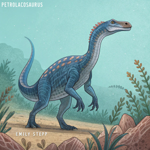 Digital rendering of Petrolacosaurus, ancient reptile of the Paleozoic era. Rendered in shades of blue and brown, with sprawling limbs and elongated body. Featured on a tranquil teal background with artist Emily Stepp's signature at the base.