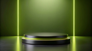 The edges of the black product podium glow with a subtle neon light, standing out against an olive background.
