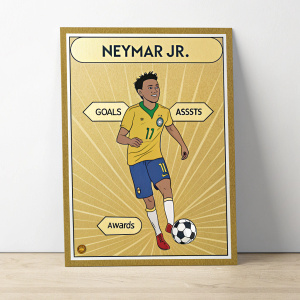 Cartoon illustration of Neymar Jr. on a shiny gold background. Statistics about his goals, assists and awards