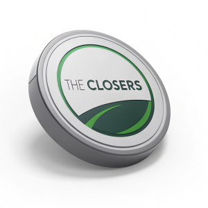 Modern logo design for 'The Closers'. Circular shape with gray and green hues. Simple font for the text. White background, professional and sleek appearance.
