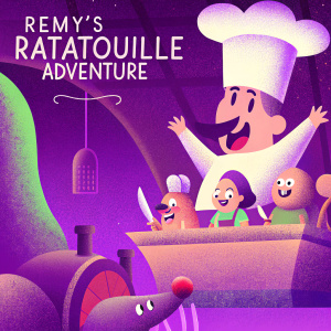 An animated film poster for Remy's Ratatouille Adventure. Lively and colorful with exaggerated facial expressions. Large jovial chef in white hat, group of people on rat-like vehicle, and cheerful rat in an industrial kitchen setting.