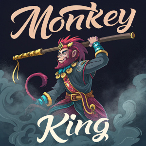 Stylized digital illustration of Monkey King. Whimsical cursive font, dark background with a smoky effect.